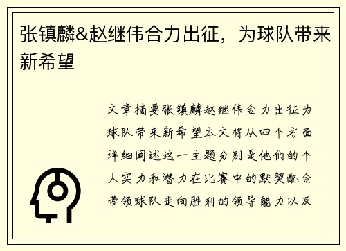 张镇麟&赵继伟合力出征，为球队带来新希望